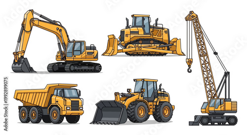Heavy construction equipment including excavator, bulldozer, crane, dump truck, and loader on display