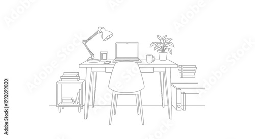 Minimalist Desk Setup with Laptop, Lamp, Books, and Plant - Line Art Illustration