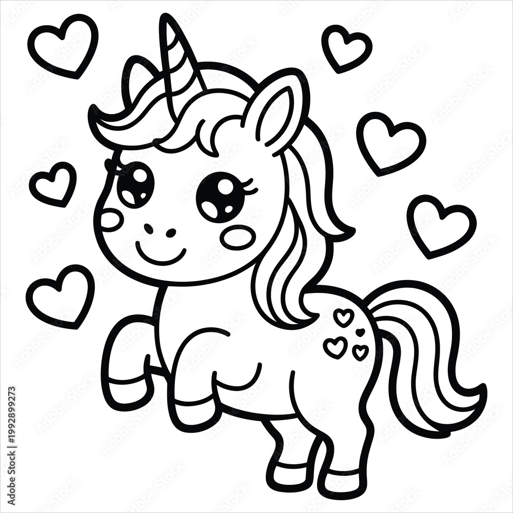 Naklejka premium Cute kawaii unicorn coloring page with floating hearts