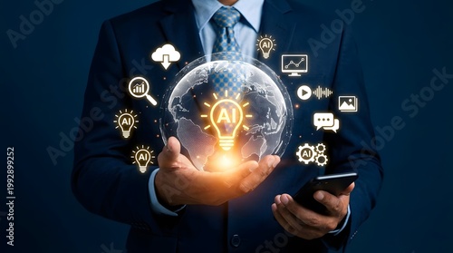 Businessman holding a glowing globe with ai symbols and icons surrounding it in his hand.