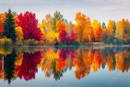 Stunning Autumn Landscape with Vibrant Colorful Trees Reflecting in Calm Water Under Soft Morning Light Perfect for Nature Lovers and Travel Enthusiasts. Generative AI