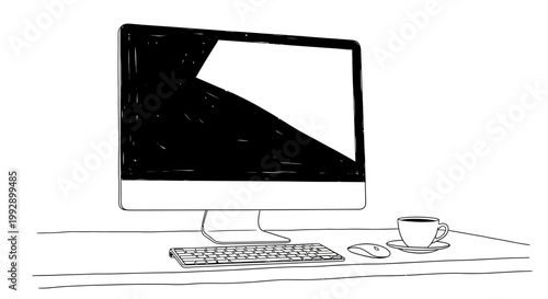 Hand-drawn computer setup with coffee mug and keyboard on desk, minimalist sketch