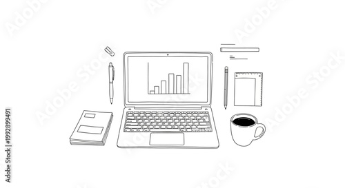 Hand-drawn illustration of a laptop with bar chart, notebook, pen, coffee cup, and stationery.
