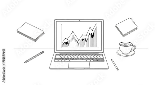 Hand-drawn laptop with stock chart and coffee, books and pencils on desk