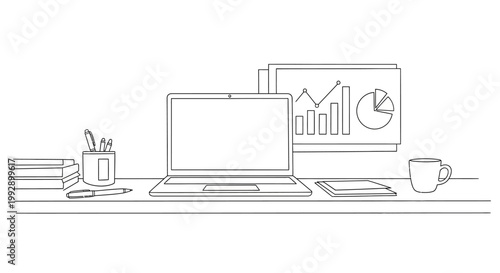 Hand-drawn office desk with laptop, charts, books, pens, and coffee mug