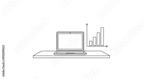 Laptop and Growth Chart Line Art Icon: Business Success, Finance, Data Analysis