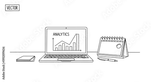 Laptop analytics chart, desk setup with calendar and pen, business data visualization
