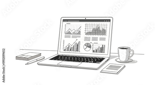 Laptop displaying financial charts and graphs, desk with coffee mug and papers, hand-drawn sketch