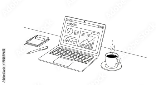 Laptop displaying analytics dashboard, notebook, pen, and coffee mug on desk, hand-drawn sketch