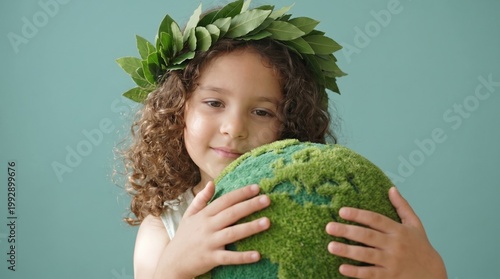 Child wearing leaf crown hugging green globe in studio with blue background eco friendly theme