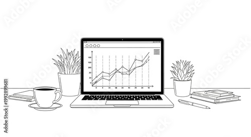 Laptop displaying growth chart, coffee cup, plants, notebook, pen on desk - minimalist line art