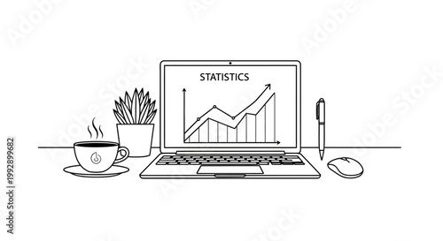 Laptop displaying statistics graph, coffee, plant, pen, mouse on desk - business analytics concept