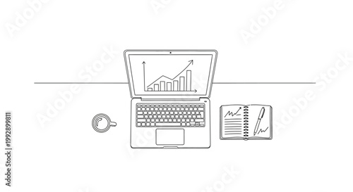Laptop with growth chart, notebook, and coffee cup, minimalist business concept