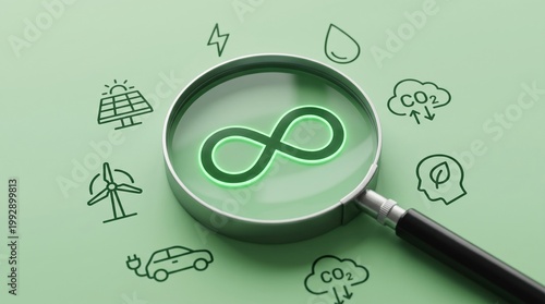 Magnifying glass reveals infinity symbol surrounded by sustainable energy icons green background eco friendly concept