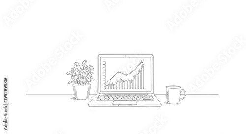 Laptop with growth chart, plant, and coffee mug on desk, minimalist line art