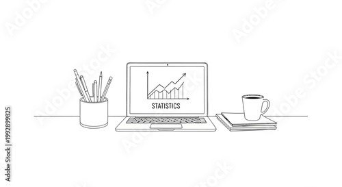 Laptop with growth chart and text STATISTICS, desk with stationery and coffee