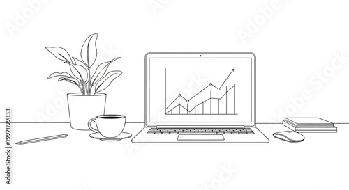 Laptop with growth chart, plant, coffee cup, and mouse on desk - Business concept illustration