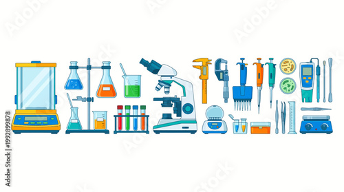 Scientists conducting experiments with various laboratory equipment and tools