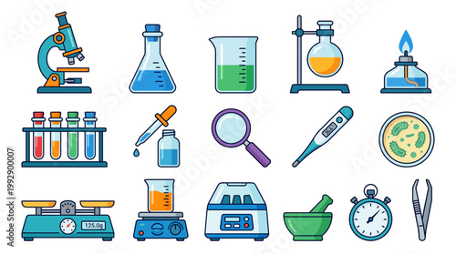 A collection of science laboratory equipment and tools for experiments and research purposes