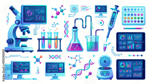 Scientists conduct experiments with microscopes and test tubes in a laboratory setting with various equipment.