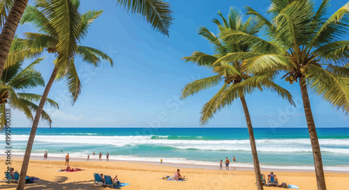 A tropical beach scene with palm trees and people relaxing on the sand by ocean