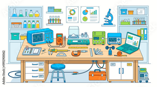Scientists working on an experiment in a laboratory with various equipment and tools on a large wooden table.