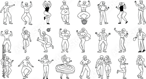 Black and White Dancing People Line Art Icon Set with Men and Women in Various Fun and Energetic Dance Pose Illustrations
