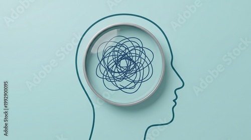 Human head silhouette with chaotic lines inside representing mental stress or creativity minimalist design teal background