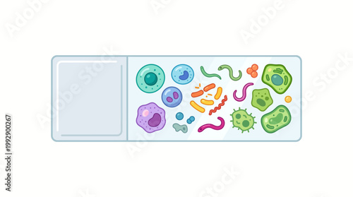 Colorful microscopic view of various cells bacteria and viruses on a slide