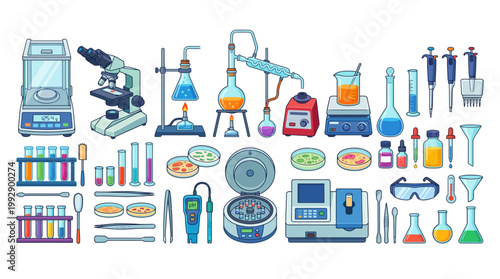 A laboratory setting with various science equipment and tools on a table