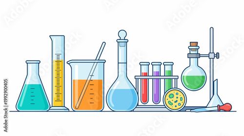 Scientists conduct experiments with various colorful liquids and equipment in a laboratory setting with beakers and test tubes.