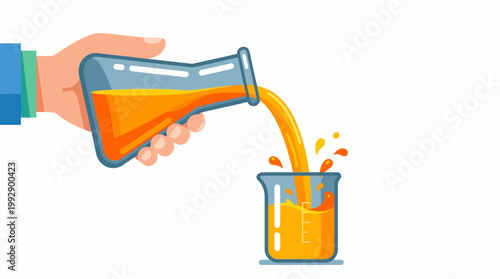 A hand pouring orange liquid from a flask into a beaker in a lab