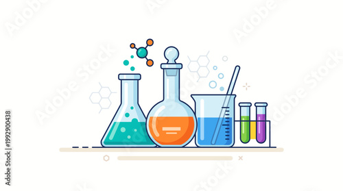 A laboratory setup with various colorful chemicals and equipment on a shelf