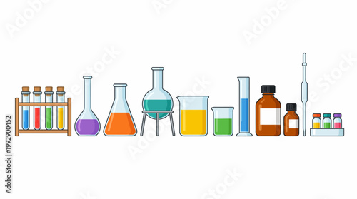 An illustration of various colorful laboratory equipment and chemicals on a table