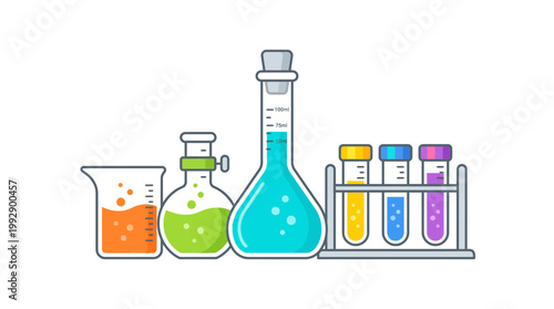 Laboratory equipment with colorful test tubes and flasks on a rack