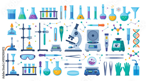 A laboratory setting with various science equipment and tools on a table