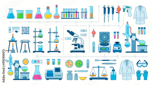 Scientists conducting experiments in a laboratory with various equipment and tools