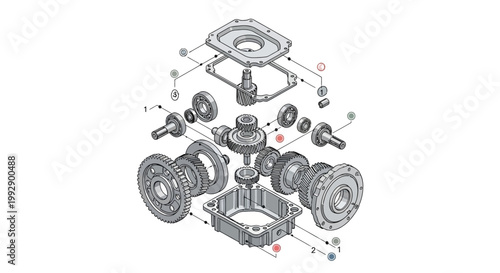 Exploded diagram showcasing the intricate components of a mechanical assembly with labeled parts, set against a stark white background, rendered in a technical illustration style using