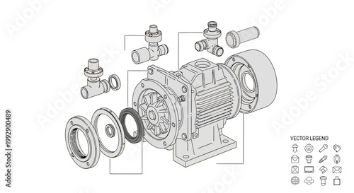 Detailed exploded diagram of an industrial motor and valve system in a technical drawing style, showcasing its components against a white background with precise line work, offering a clear