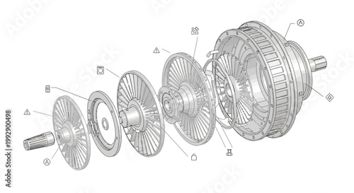 Technical illustration of a complex mechanical transmission system with exploded view showing the arrangement of components against a white background, rendered in a detailed line drawing