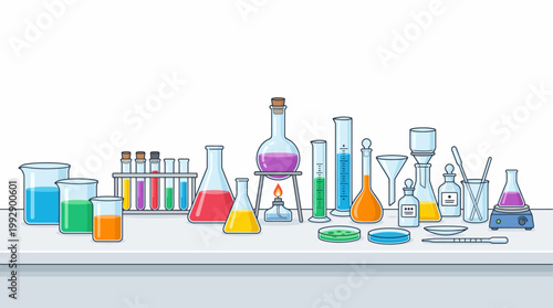Chemists conduct experiments with various colorful laboratory equipment and glassware on a table indoors.