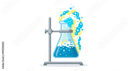 A laboratory beaker filled with blue liquid on a metal stand