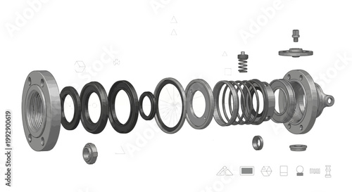 Exploded diagram showcasing the component parts of a mechanical seal, arranged in a linear fashion against a plain white background, rendered in a detailed technical illustration style