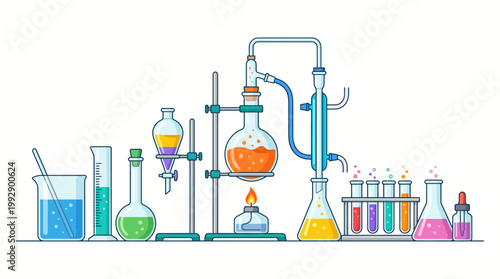 A laboratory setup with various colorful flasks and equipment for a chemistry experiment