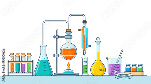A laboratory setup with various colorful equipment and tools on a table indoors.