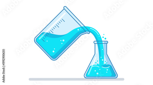 A beaker pours blue liquid into a conical flask on a laboratory table.