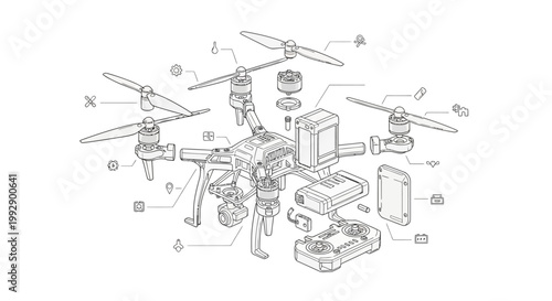 Detailed technical line art showcases a drone's exploded view, highlighting its components and assembly, set against a bright white background, rendered in a clean, minimalist style