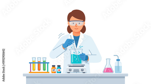 Female scientist conducts chemical experiment in laboratory setting carefully