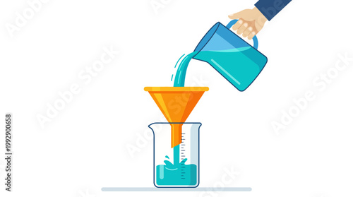 A hand pouring blue liquid from a jug through an orange funnel into a beaker