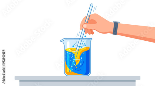 A hand mixes yellow and blue liquids in a beaker on a shelf.